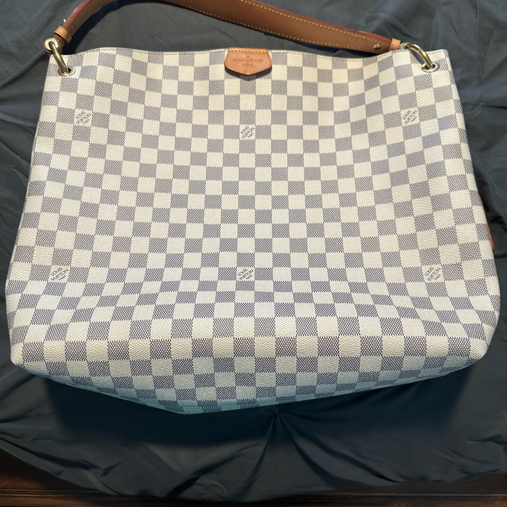 Louis Vuitton Damier Azur Canvas Shoulder Bag with Brown Leather Strap